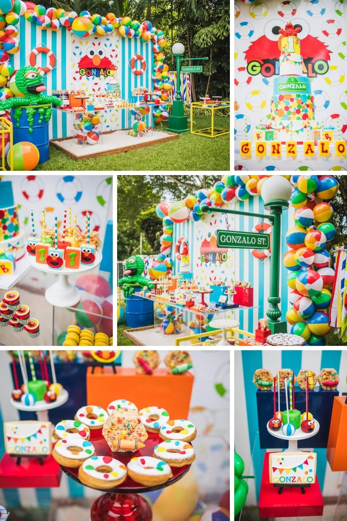 Photo collage for Sesame Street party theme including cookies, balloons, and treats.