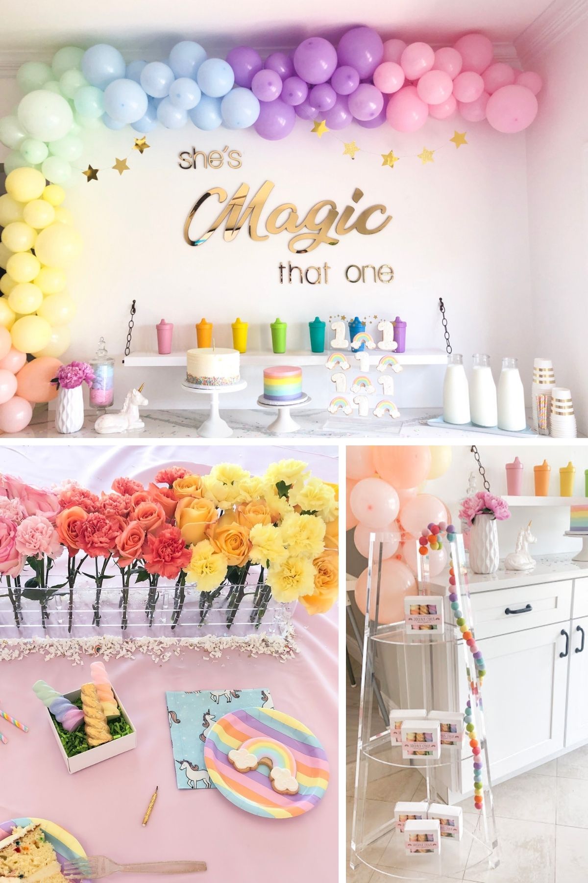 Photo collage from she's magic that one party theme including balloon garland, place settings, and dessert table.