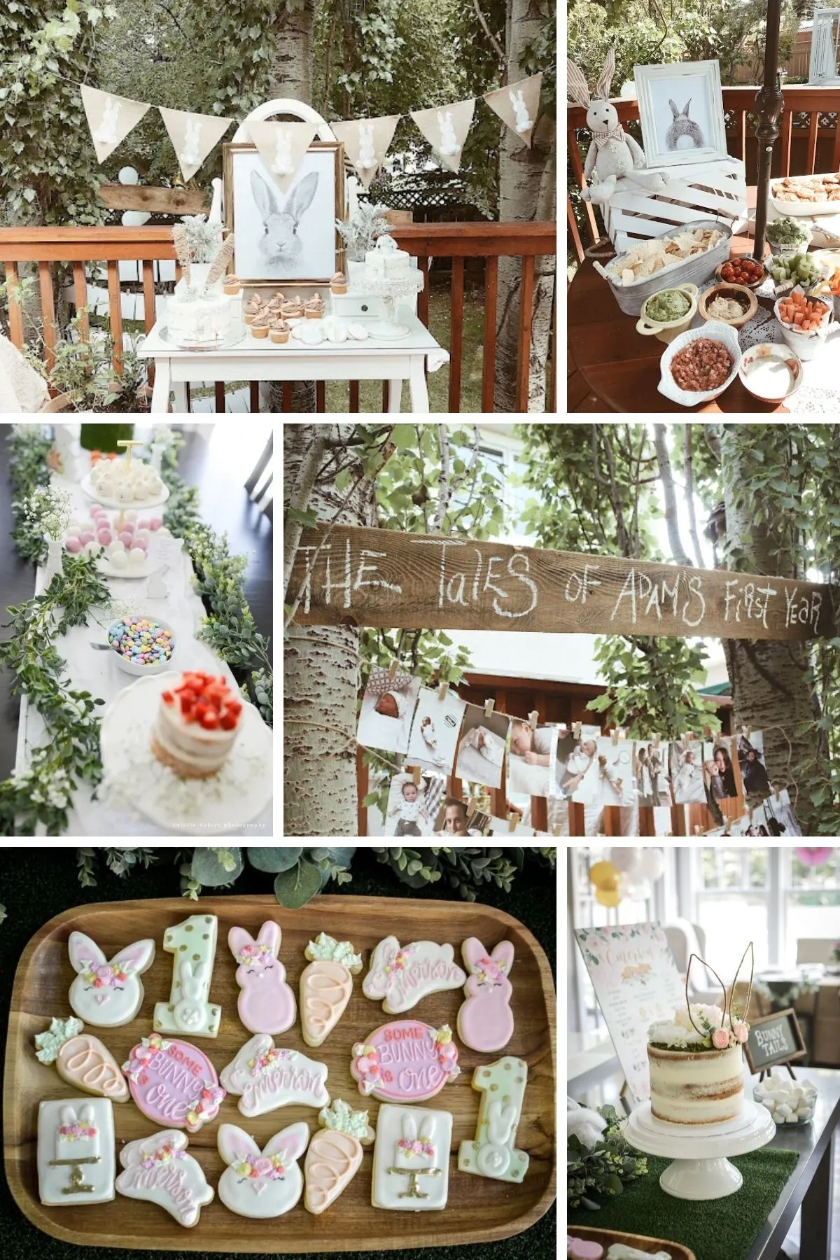 Photo collage from some bunny is one party theme including cookies, cake, and decorations.