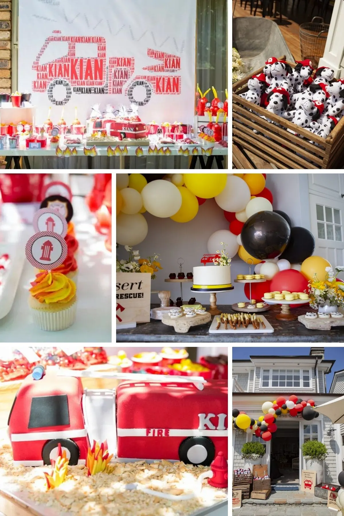 Photo collage for sound the alarm party theme including cakes, treats, and balloons.