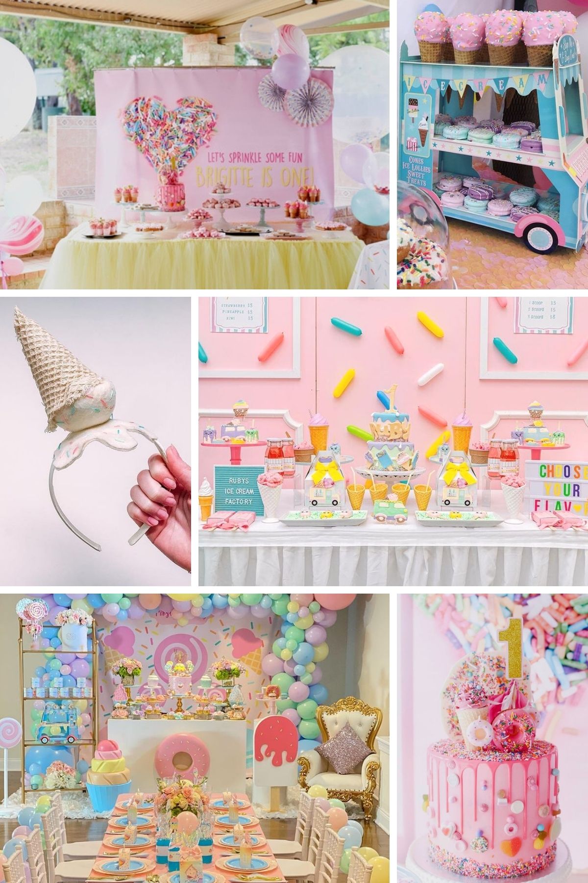 Photo collage from sprinkled with love party theme including cake, decorations, and table settings.