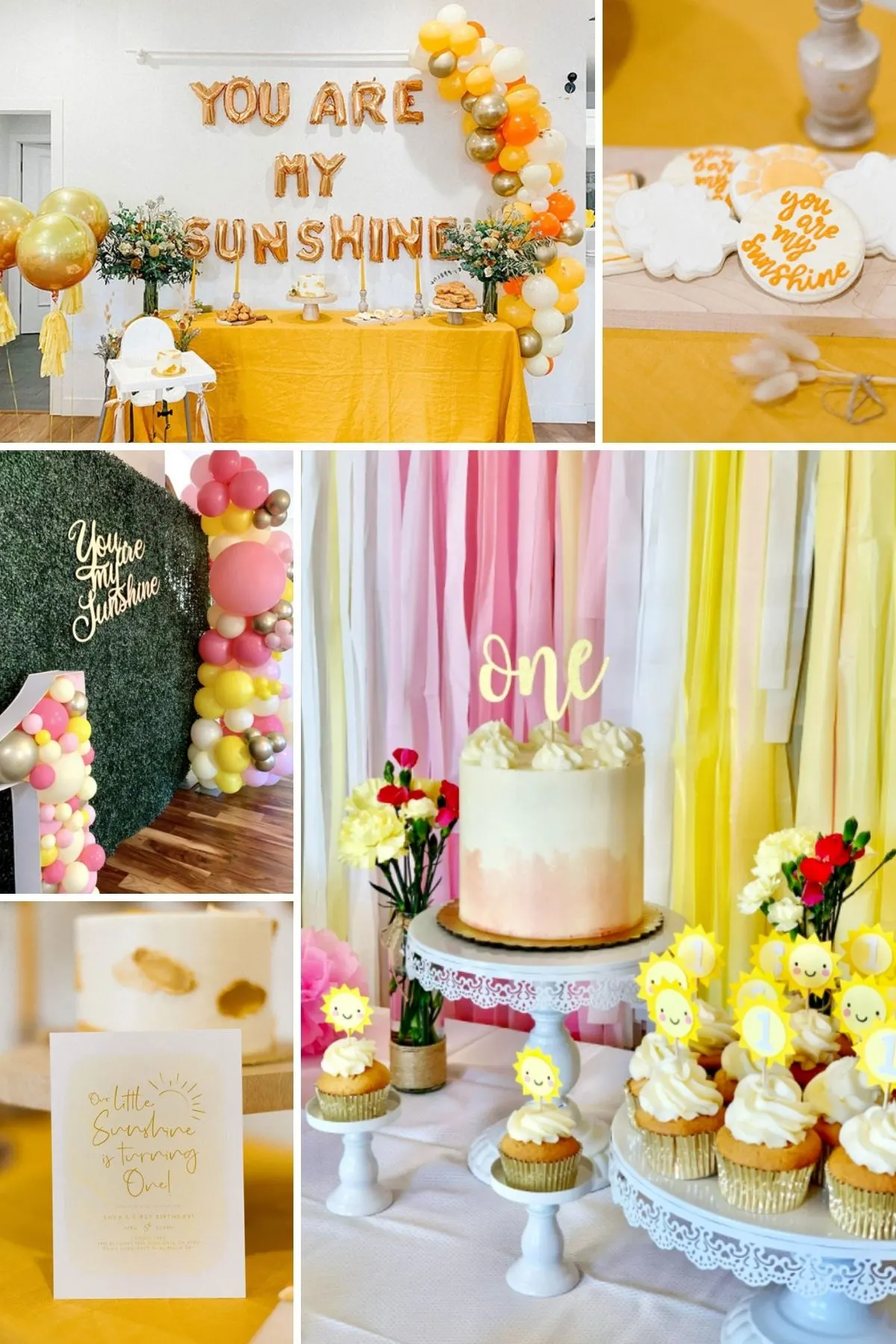 Photo collage for sunshine party theme including cake, cupcakes, and party sign.