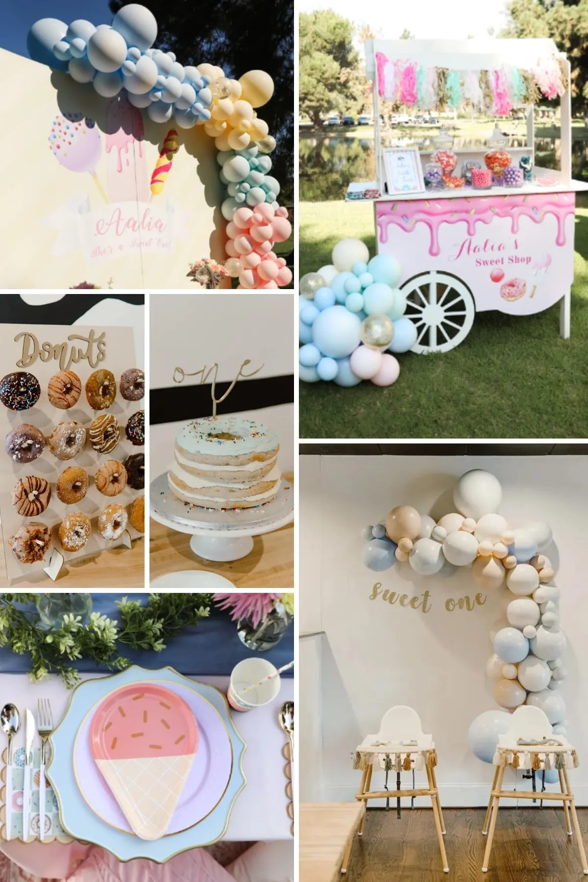 Photo collage from sweet one party theme including place settings, an ice cream cart, and balloon garlands.