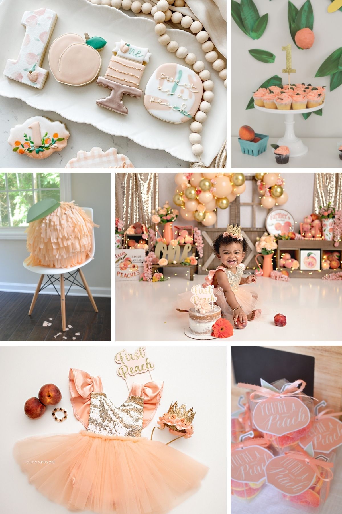 Photo collage from sweet peach party theme including a cake, cookies, and a tutu.