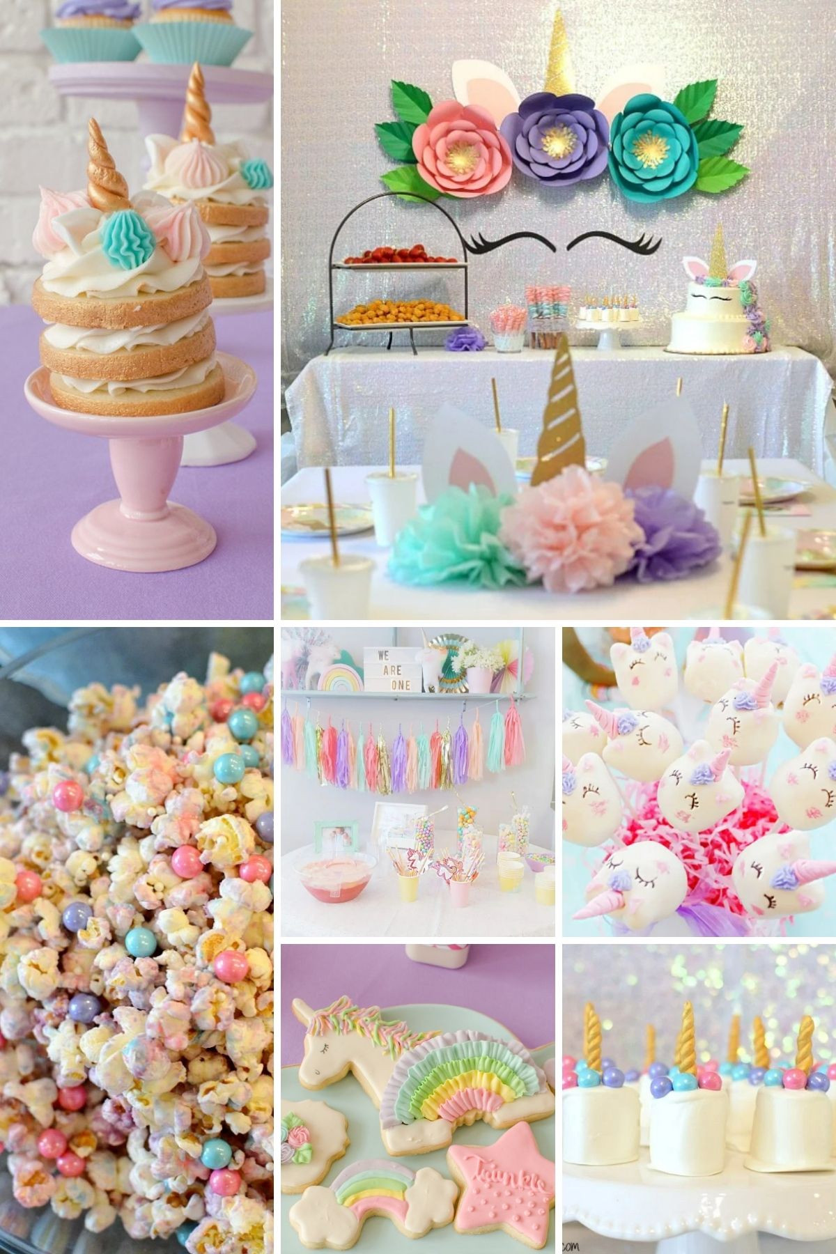 Photo collage from unicorn party theme including cupcakes, popcorn, and decorations.