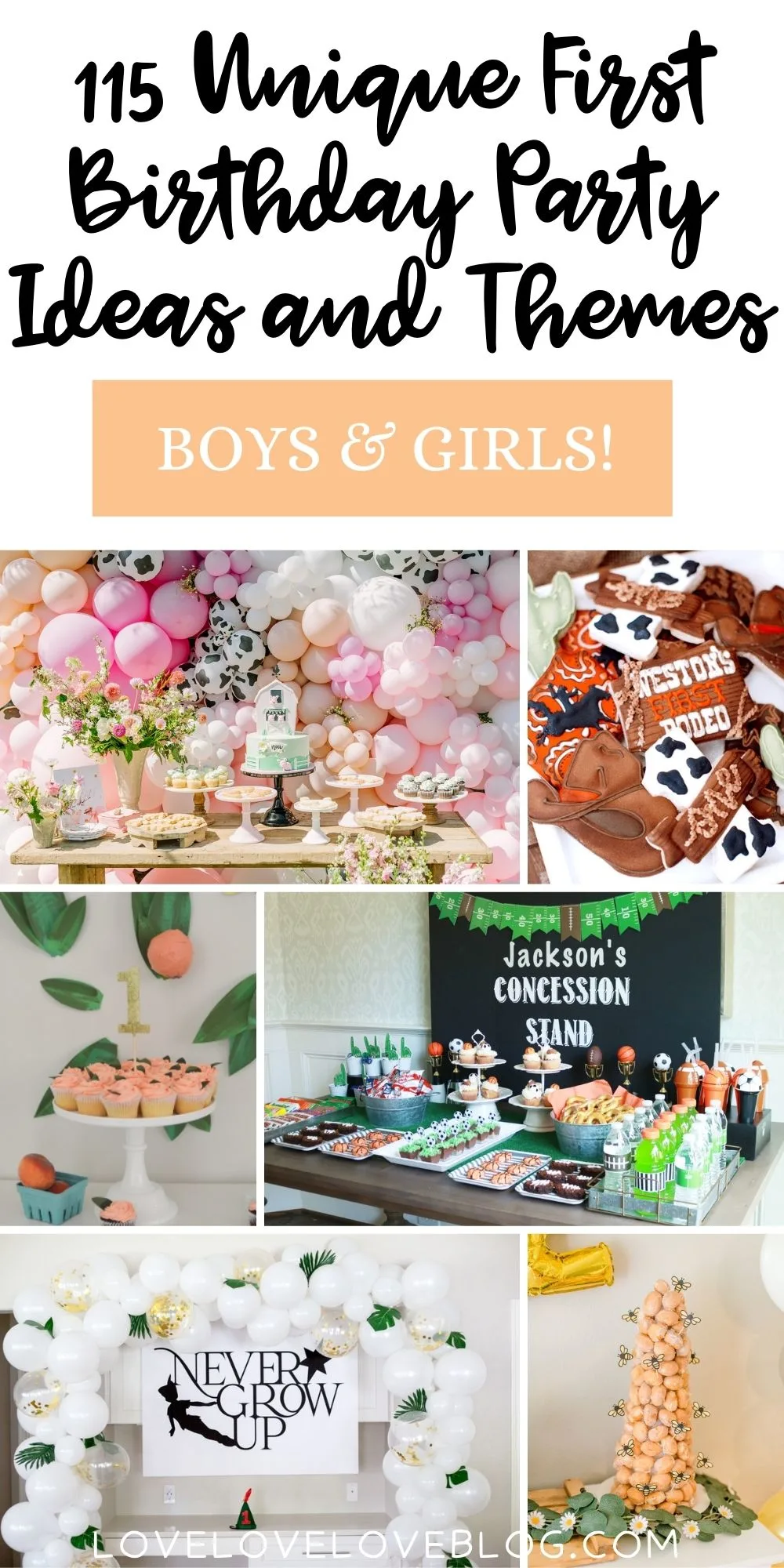 Pinterest graphic with text and collage of unique first birthday ideas for boys and girls.