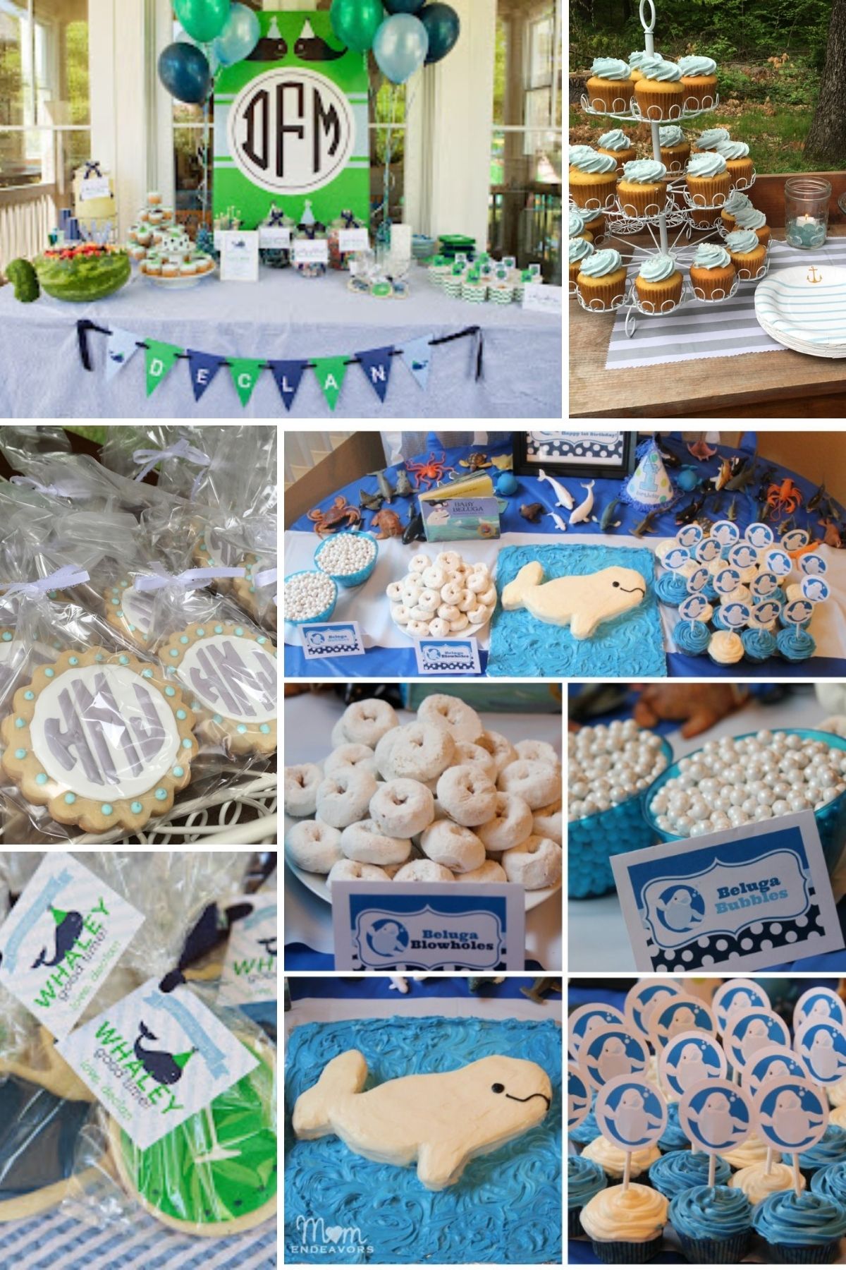 Photo collage from whale themed party with party food, party favors, and decorations.