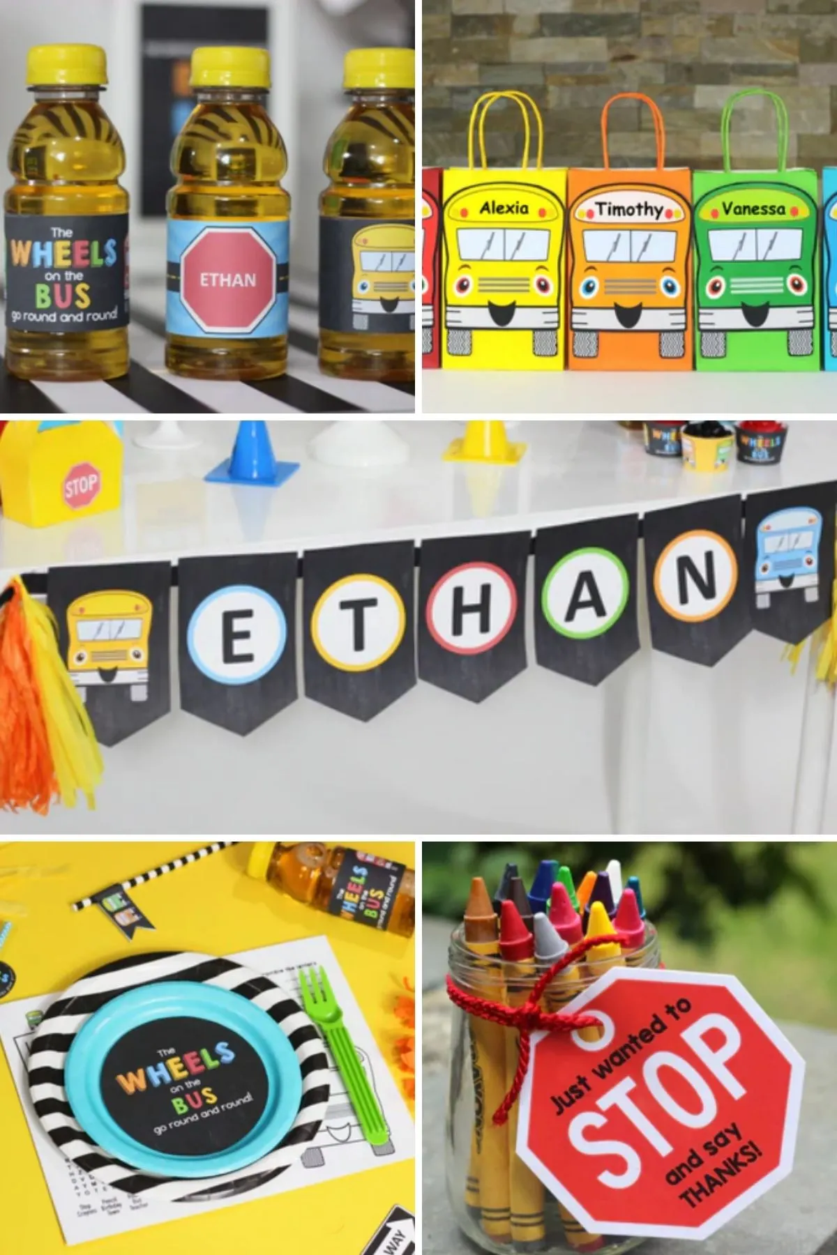 Photo collage from wheels on the bus party theme with party favors, place settings, and party foods.