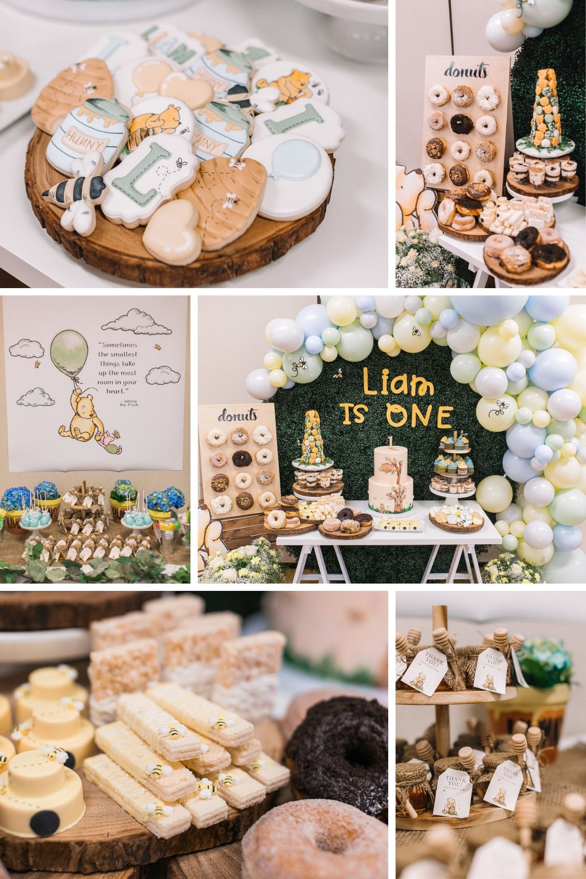 Photo collage for Winnie the Pooh party theme including cookies, cakes, and tablescapes.