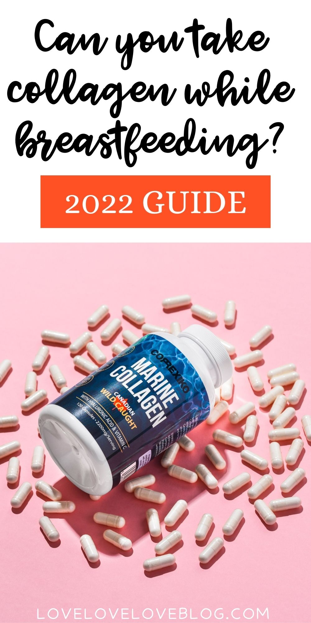 Pinterest graphic with text and bottle of marine collagen with loose pills scattered all around.