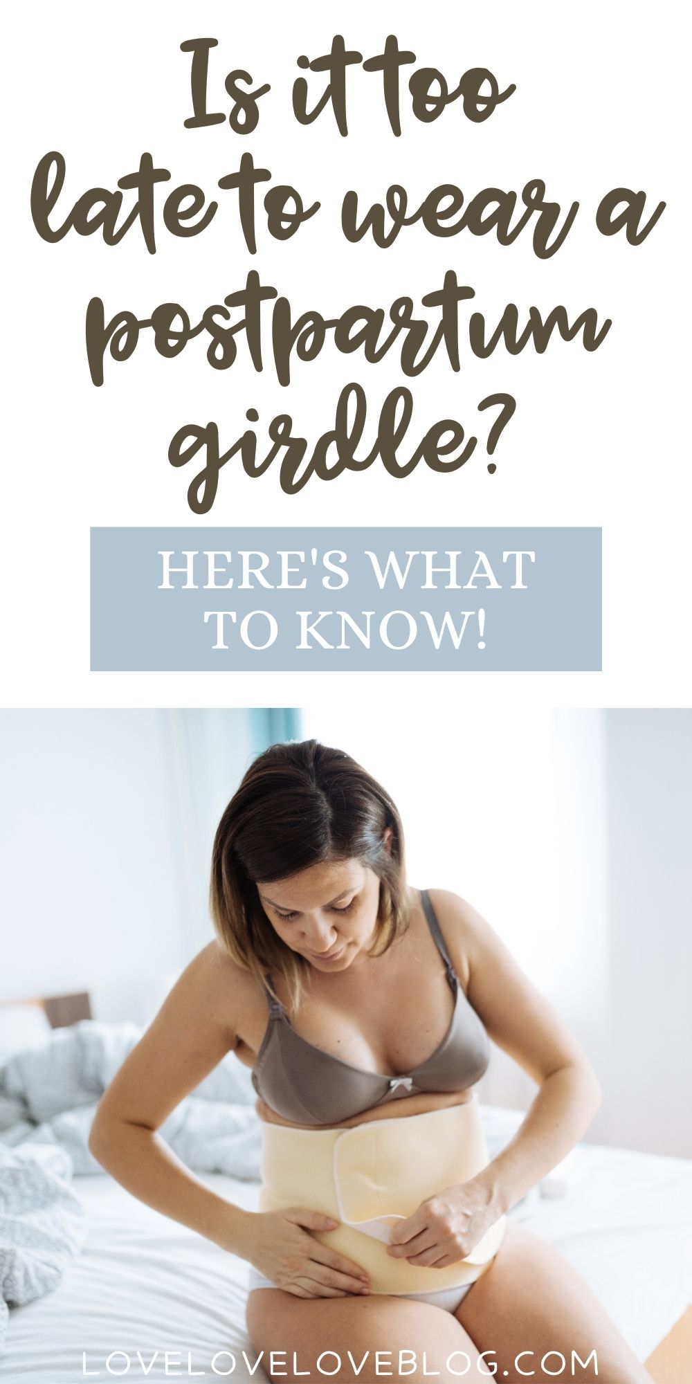 Pinterest graphic with text and new mom putting on a postpartum girdle.