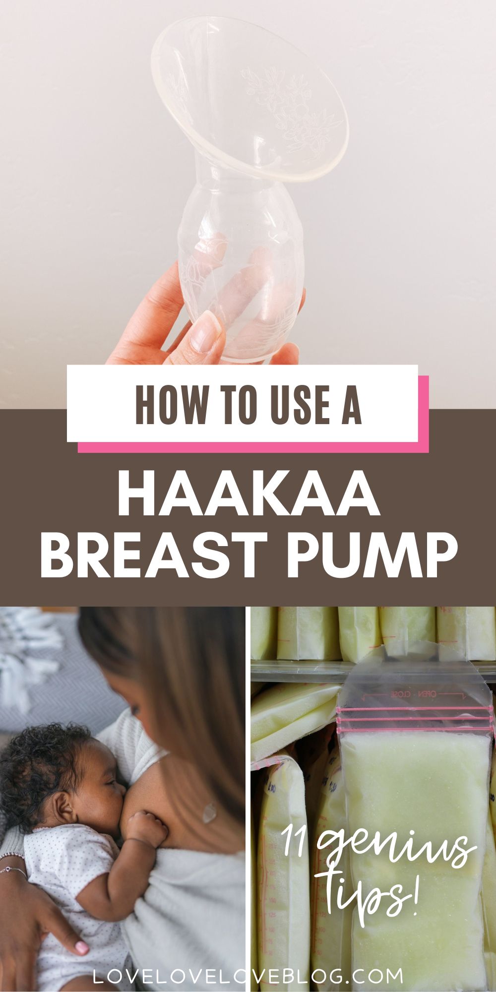Pinterest graphic with text and an image collage with a Haakaa breast pump, frozen breast milk and a nursing mom.