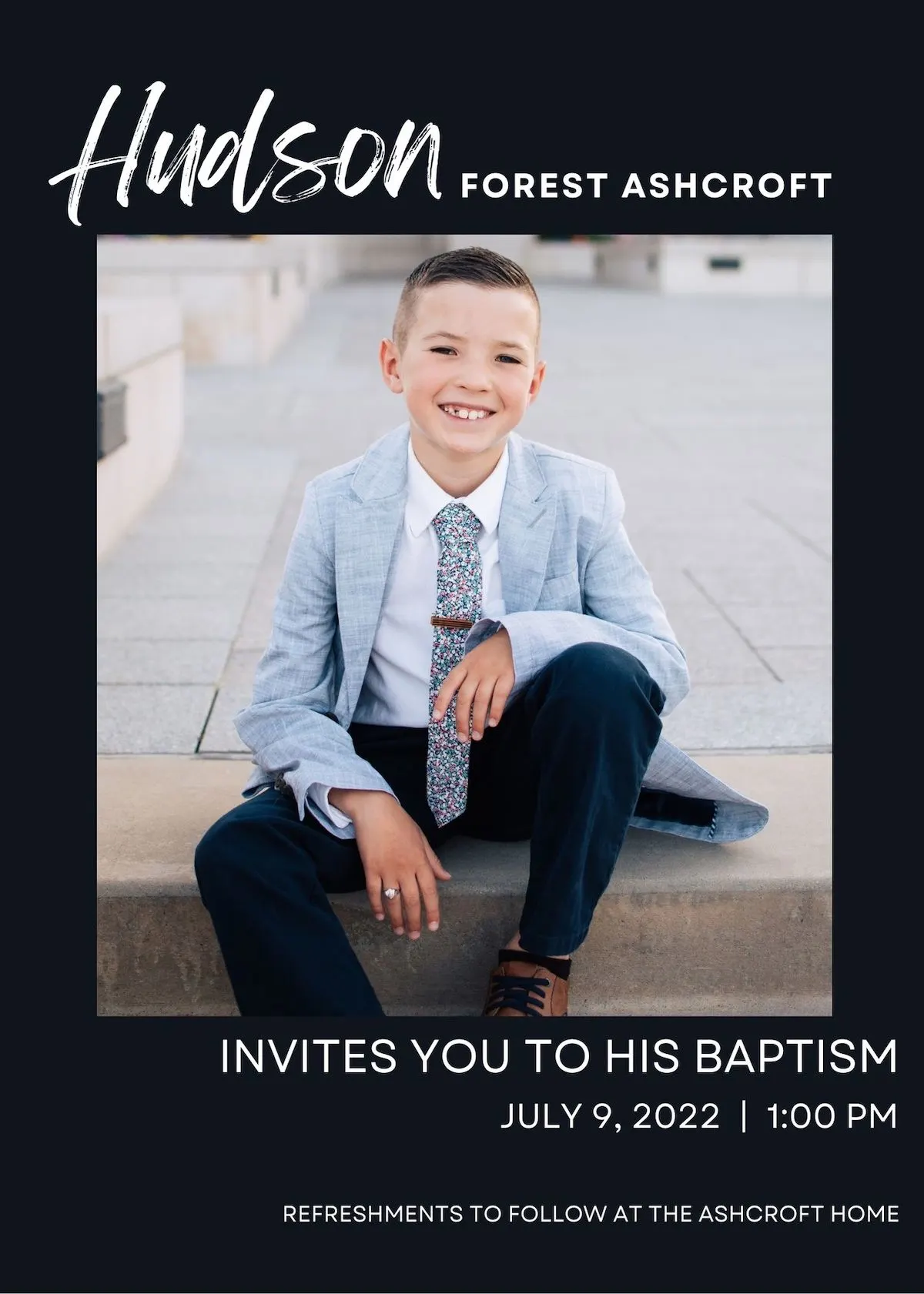 LDS baptism invitation with photo of boy smiling and text about the baptism.
