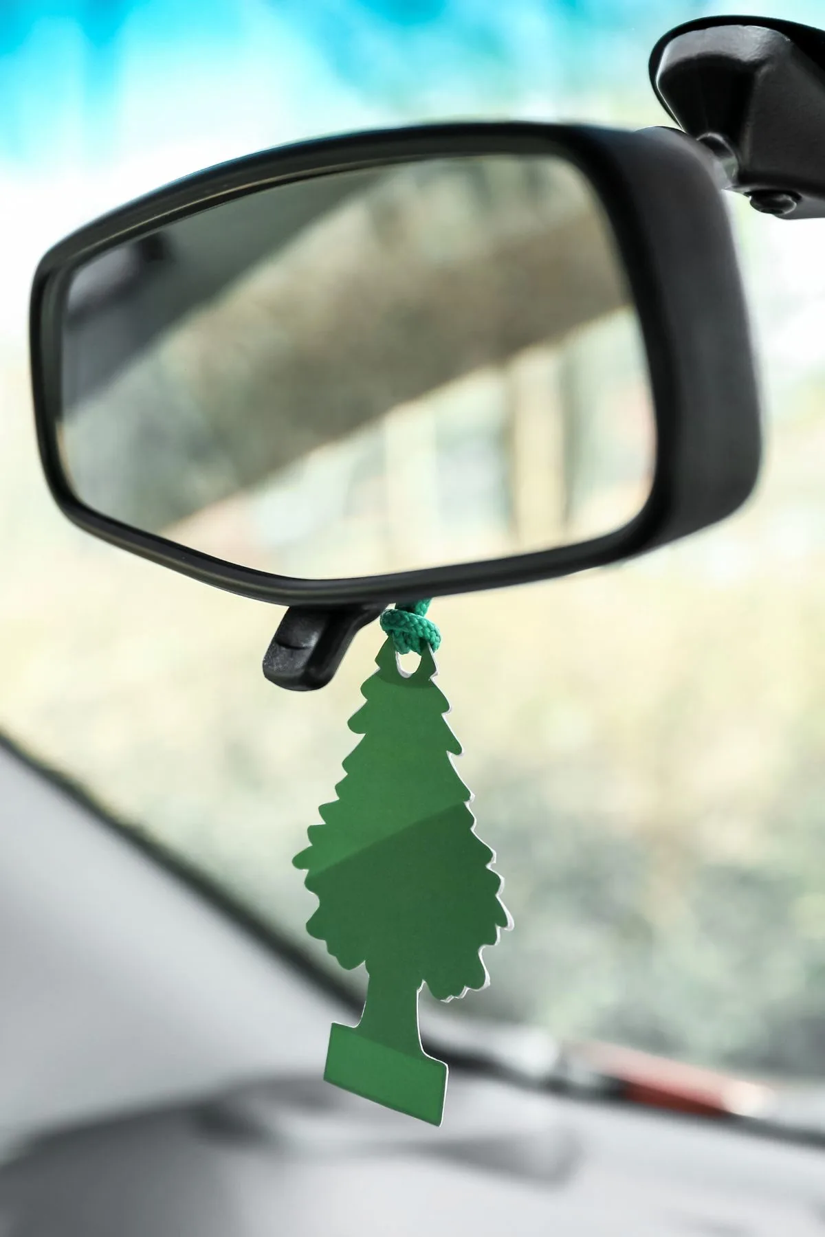 Green tree car air freshener hanging from a review mirror behind windshield.