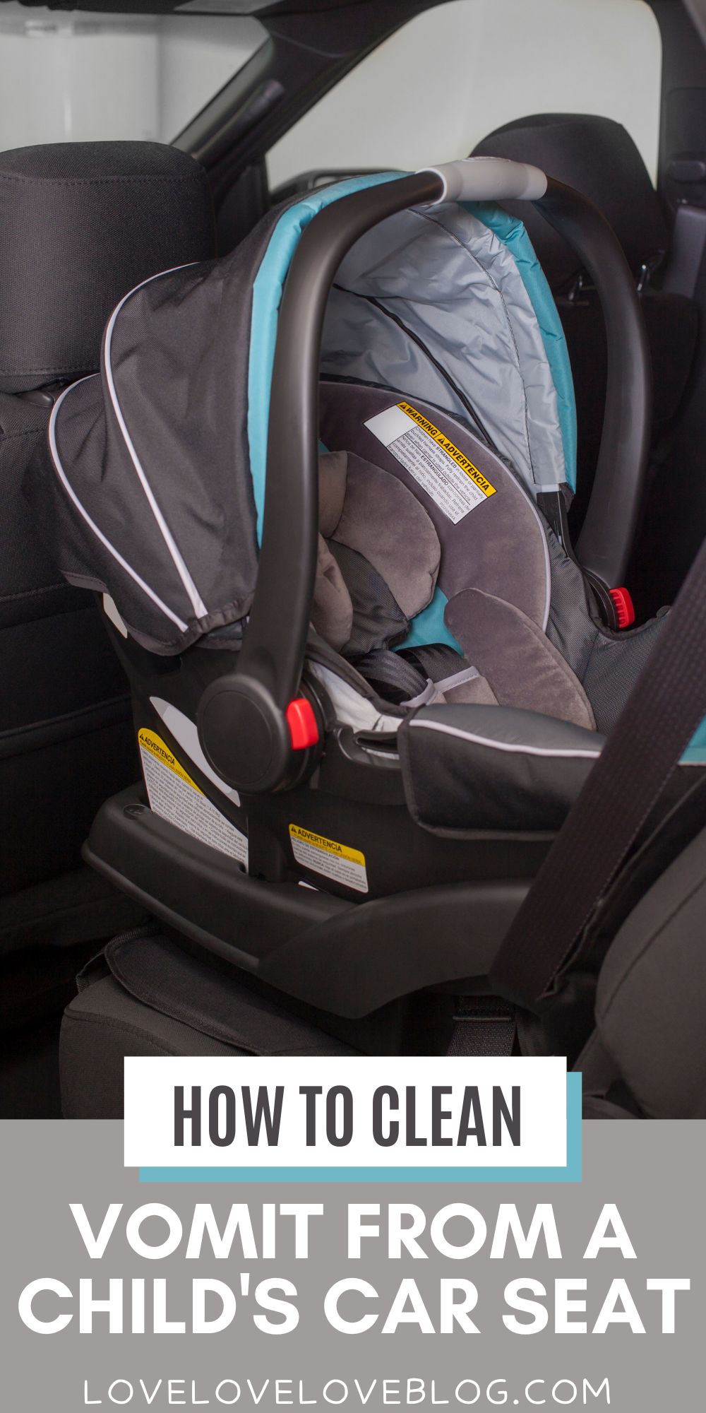 Pinterest graphic with text and a gray, blue, and black car seat in a car.