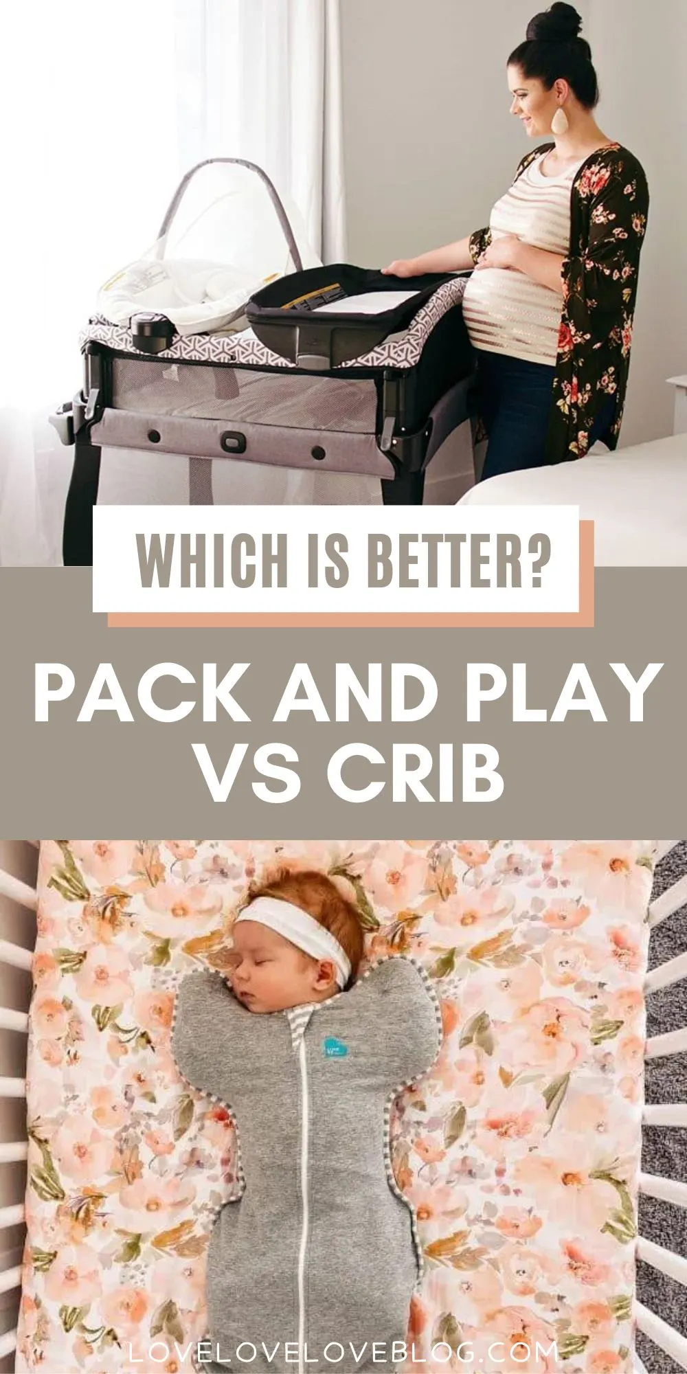 Pinterest graphic with text and image collage with pack and play and crib.
