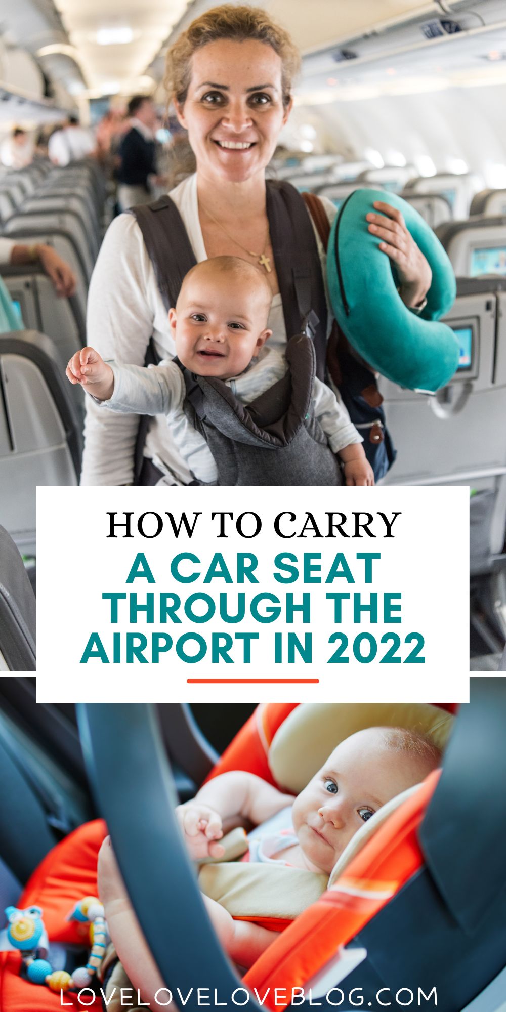 Pinterest graphic with text and image collage with a baby in a car seat and on an airplane.