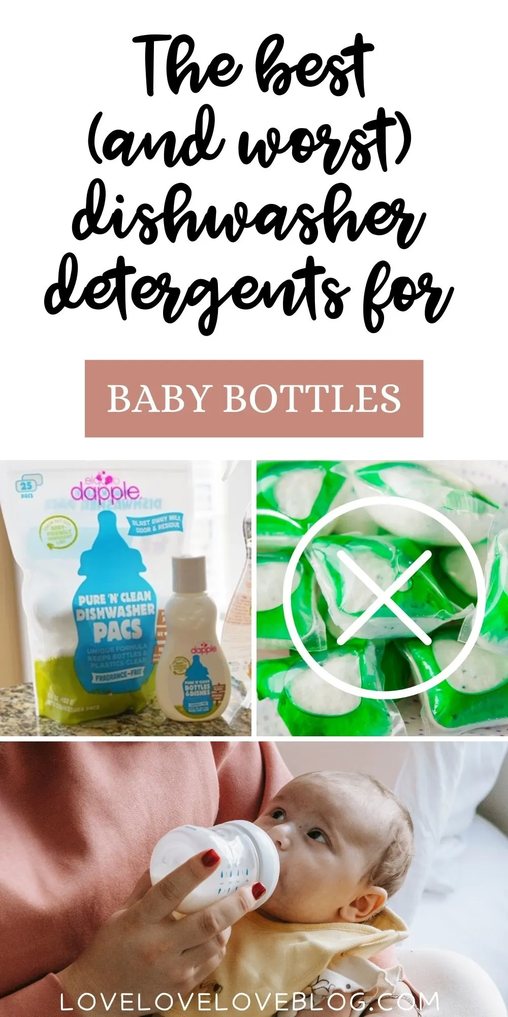 Pinterest graphic with text and collage of dishwasher detergent, and a baby drinking a bottle.