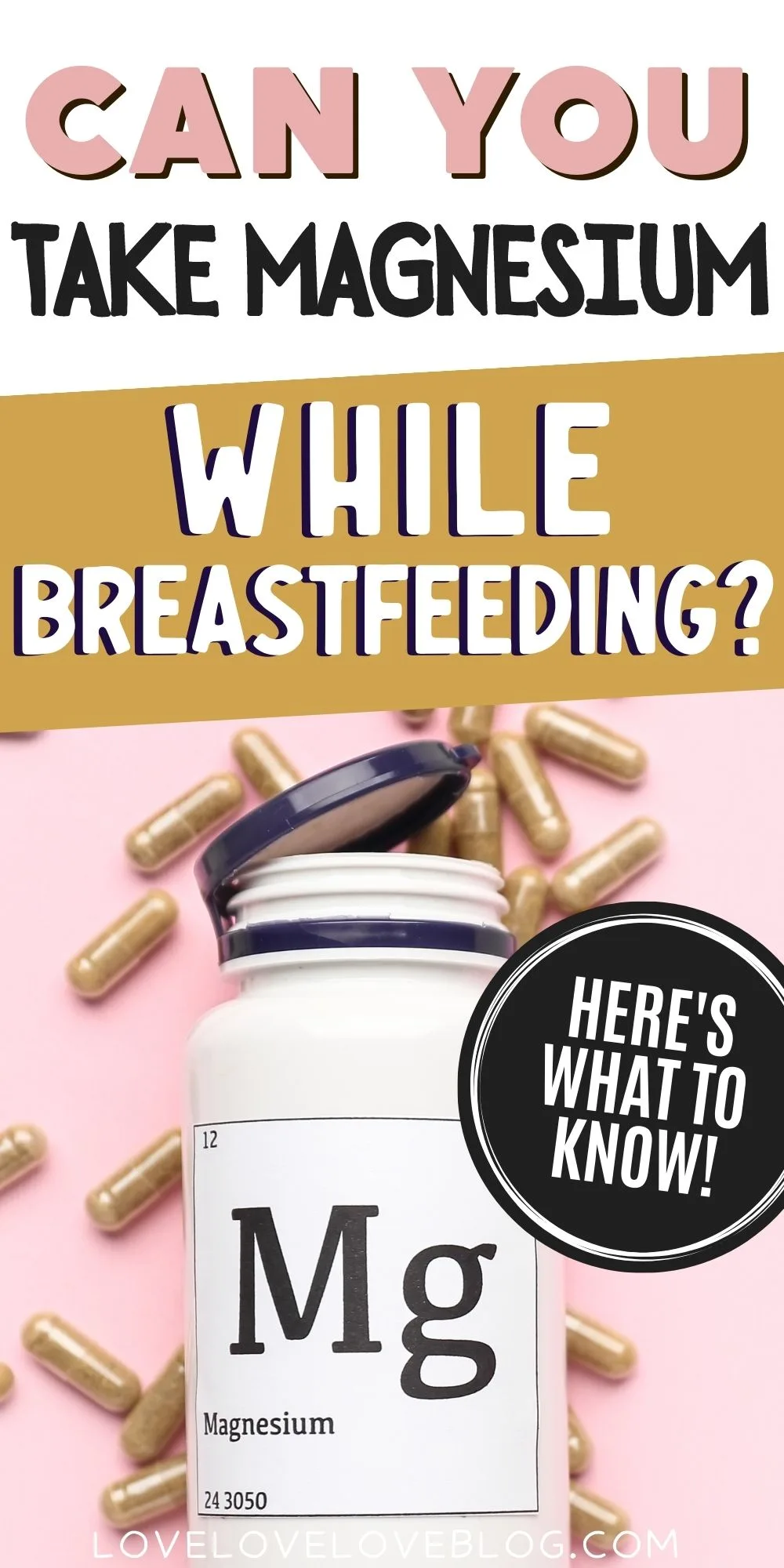 Pinterest graphic with text and a bottle of magnesium supplements on pink background.