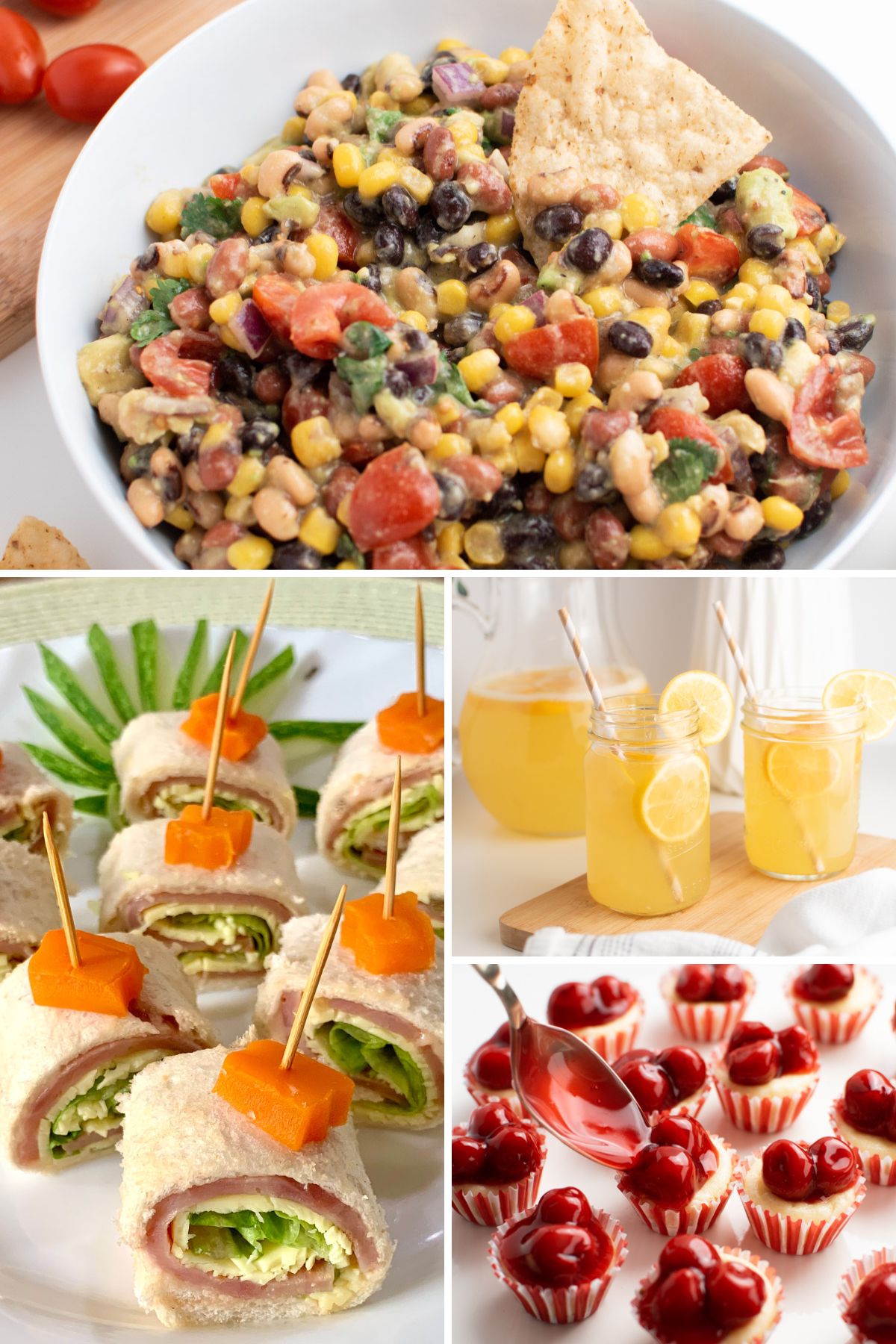 Collage of party foods including dip, tortilla pinwheels, mini cheesecakes, and lemonade.