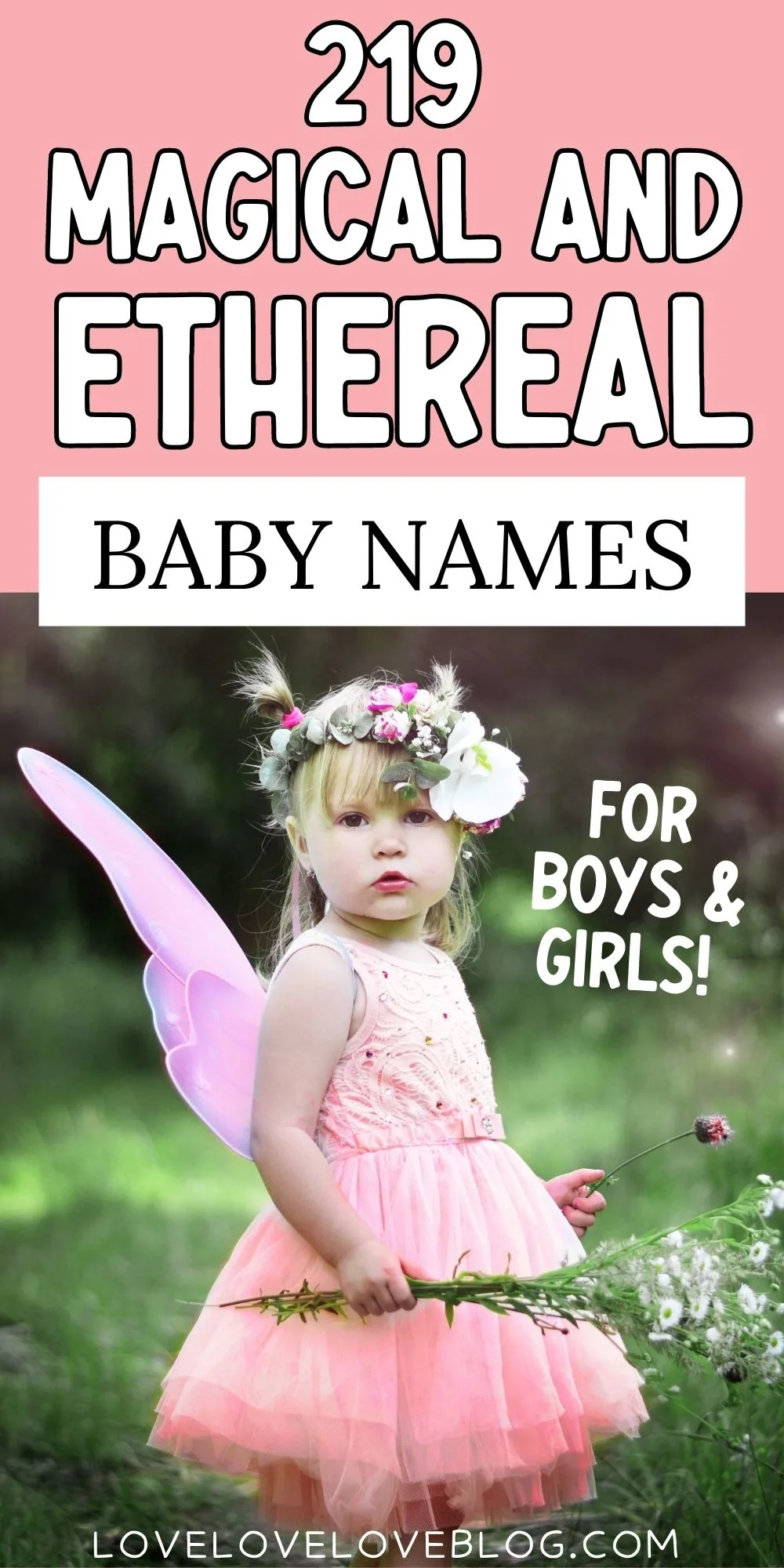 Pinterest graphic with text and a little girl dressed as a fairy in the woods.