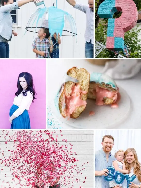 Collage of gender reveal ideas using food, confetti, balloons, and more.