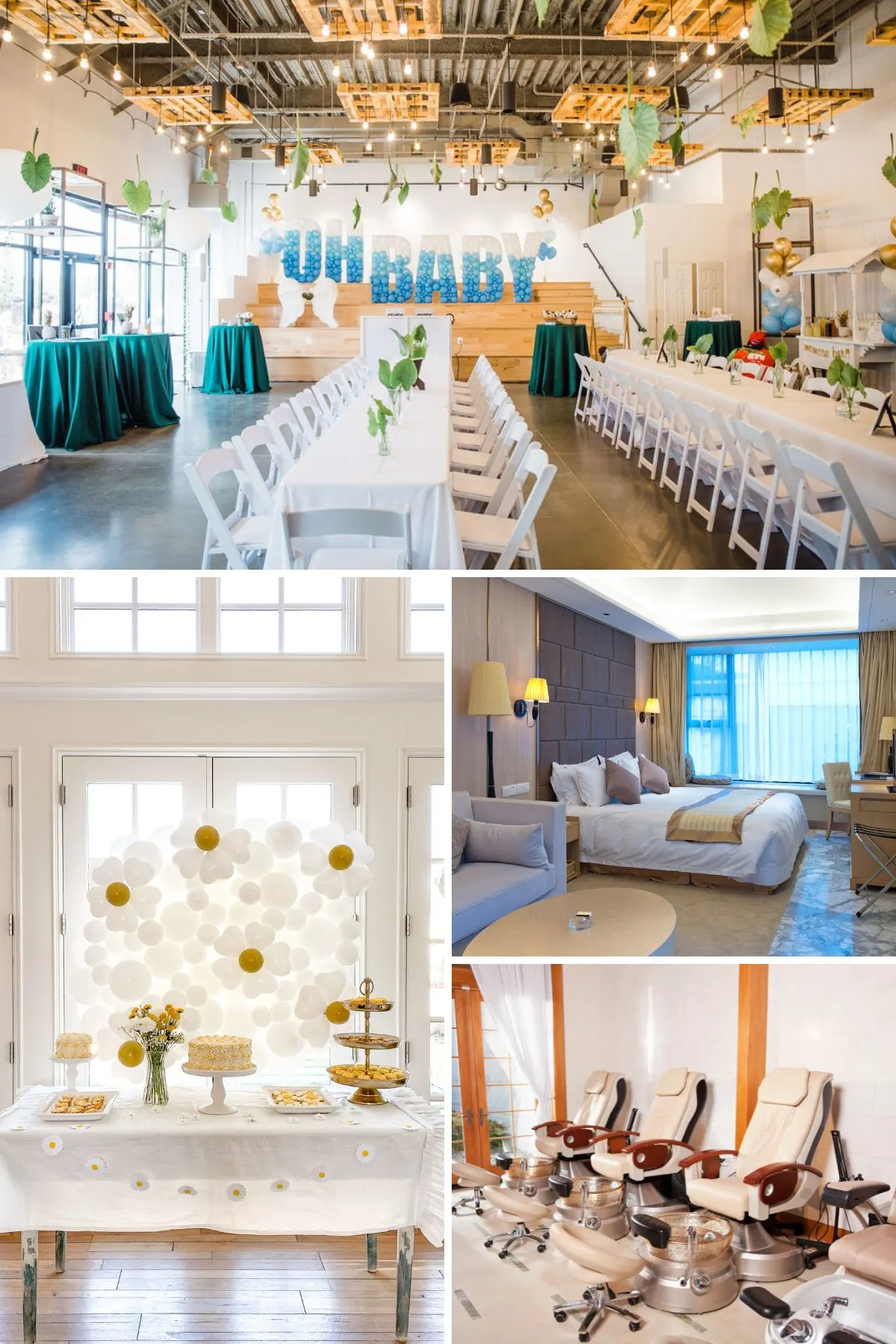 Collage of indoor baby shower venues including a banquet hall, home, hotel room, and nail salon.
