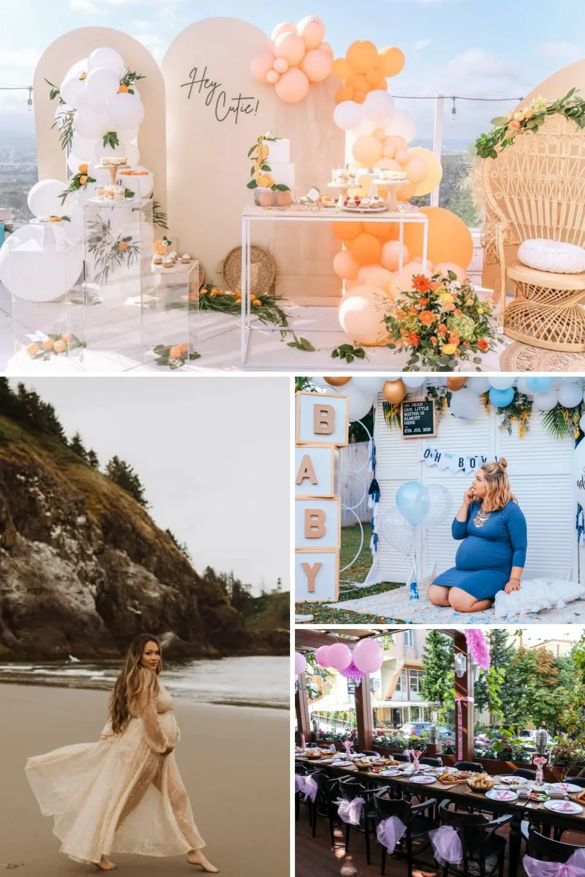 Collage of outdoor baby shower venues including a rooftop terrace, beach, backyard, and patio.