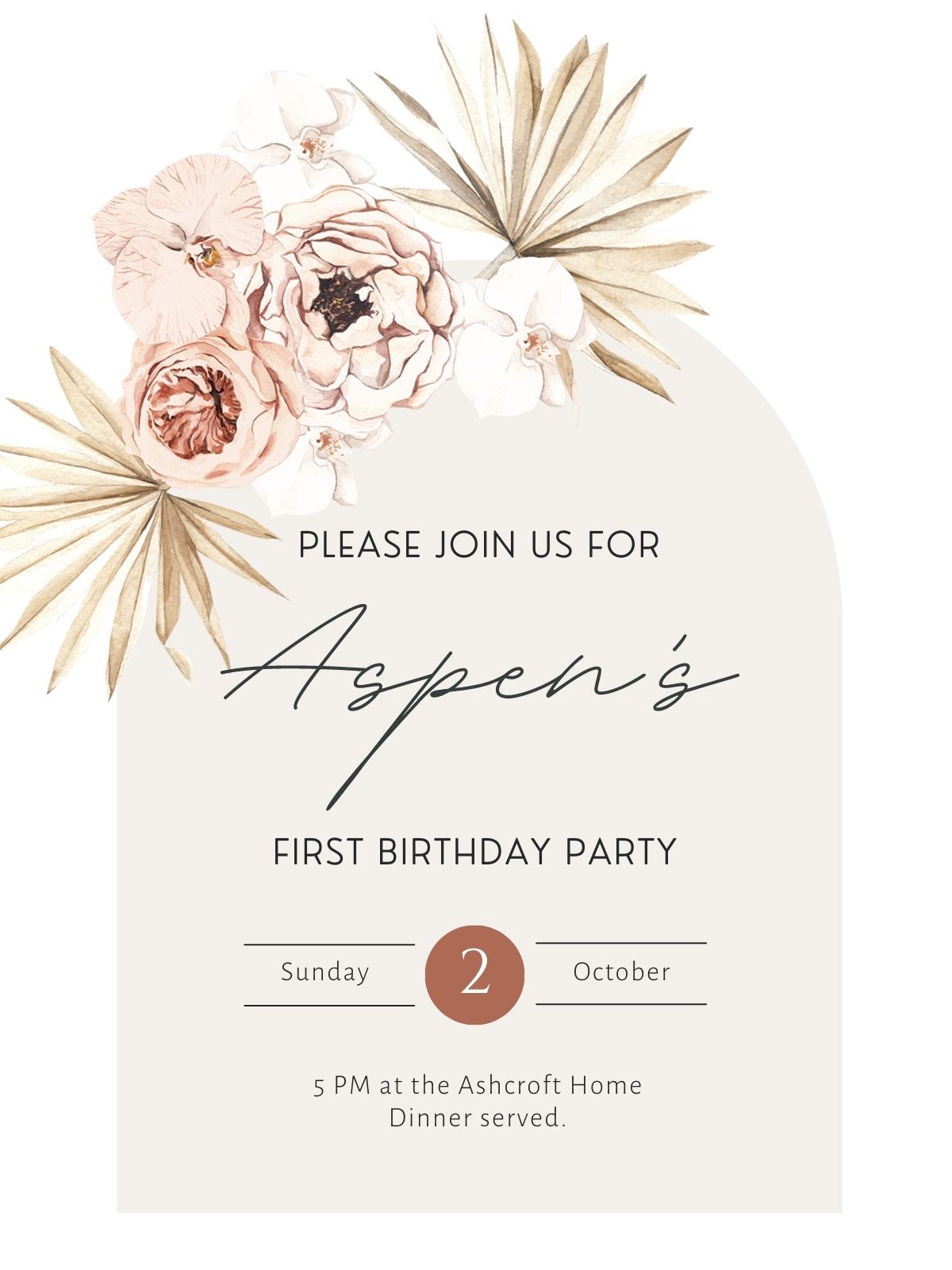 Boho rainbow birthday invitation with flowers and palm leaves.