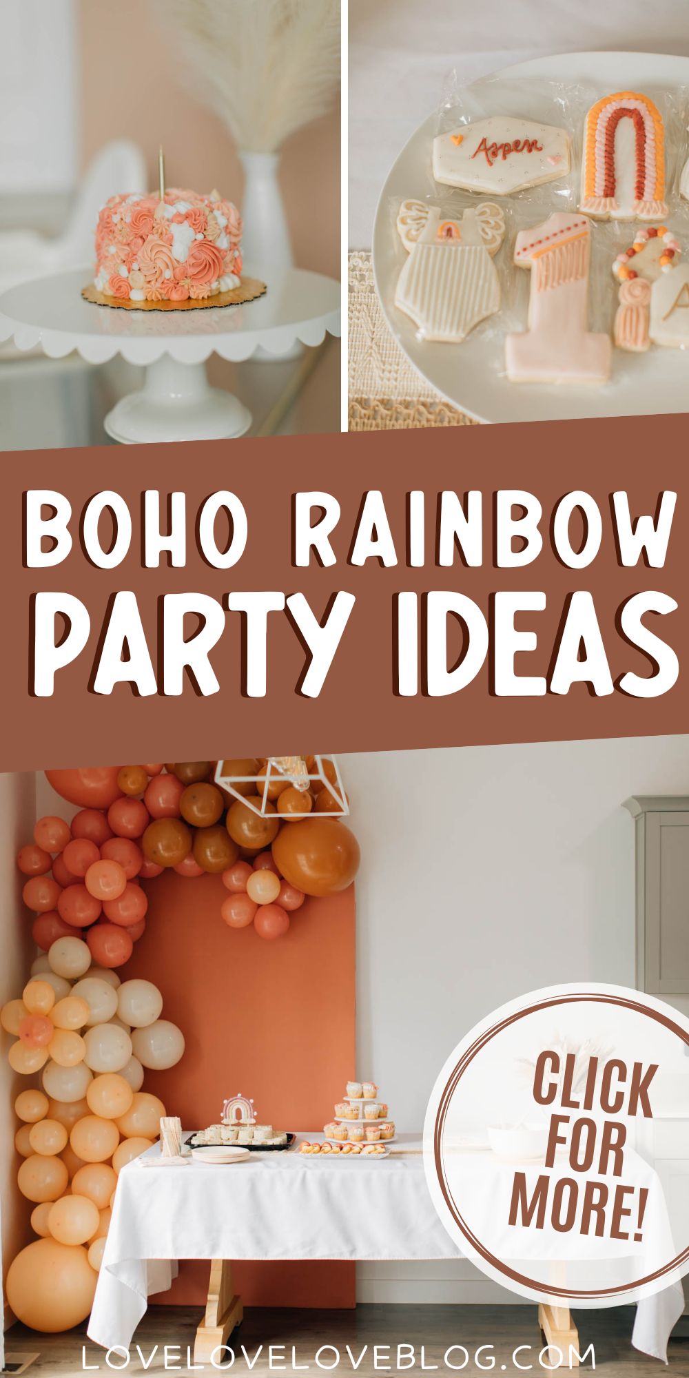 Pinterest graphic with text overlay and collage of photos of boho rainbow first birthday party.