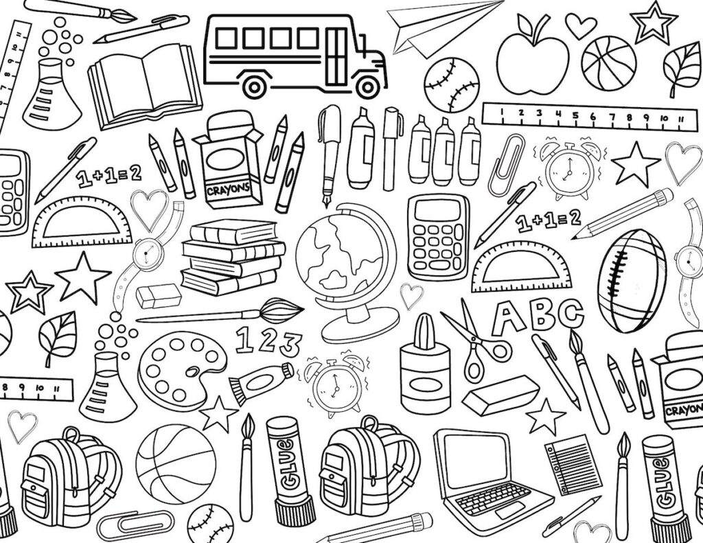 School collage coloring page with variety of school items.