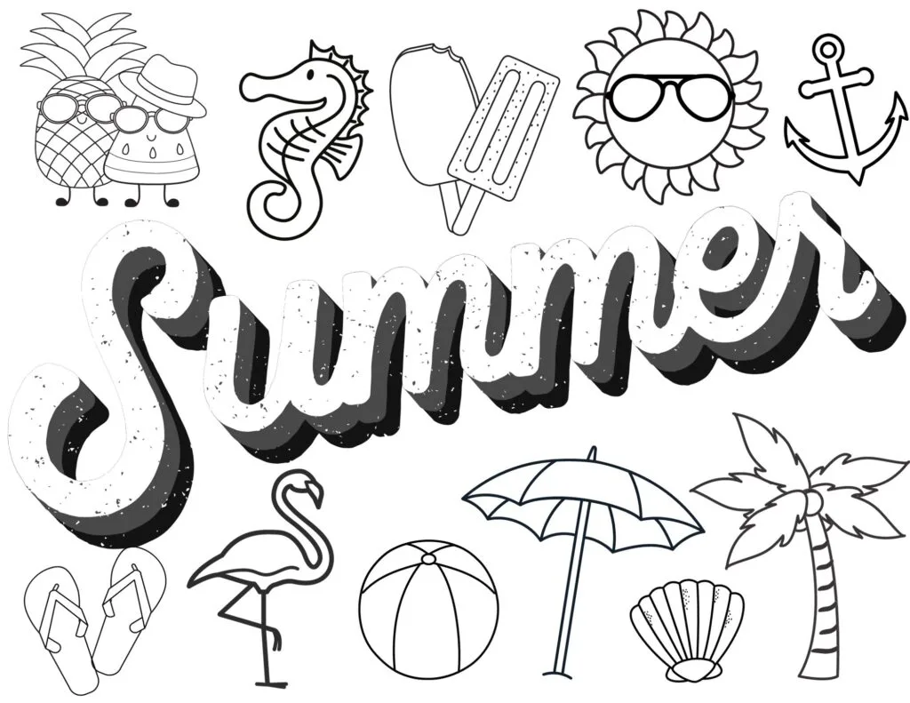 Summer coloring page with cursive block letters and summer items.