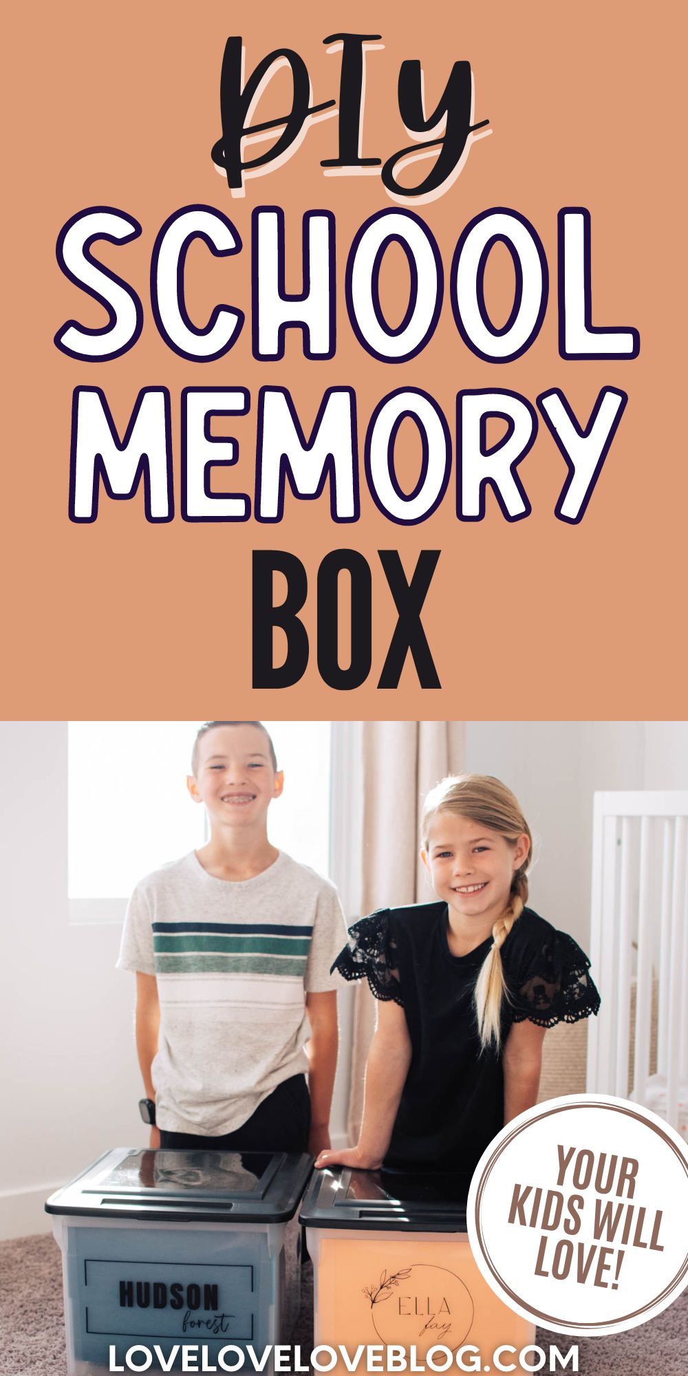 Pinterest graphic with text overlay and photo of two children behind school memory boxes.
