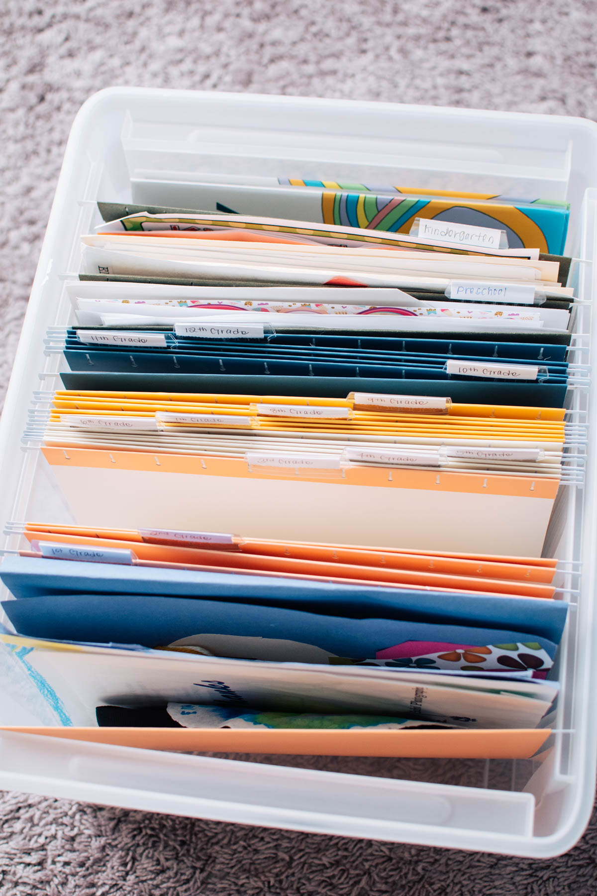 Hanging file folders filled with papers in plastic file box.