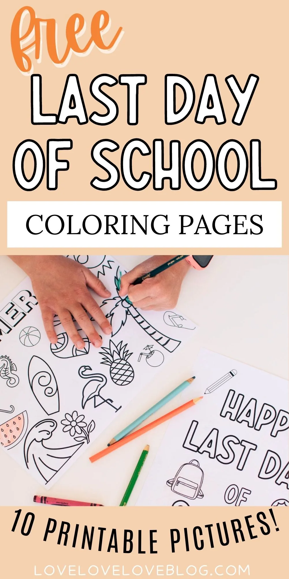 Pinterest graphic with text and images of coloring pages.