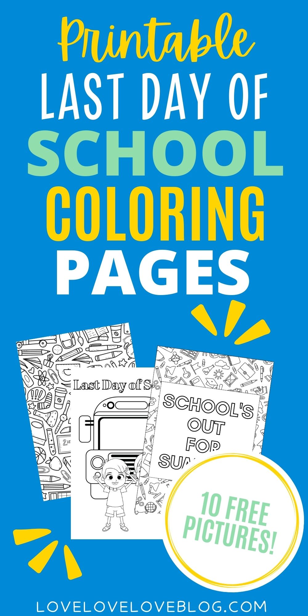 Pinterest graphic with large text and photos of coloring pages.