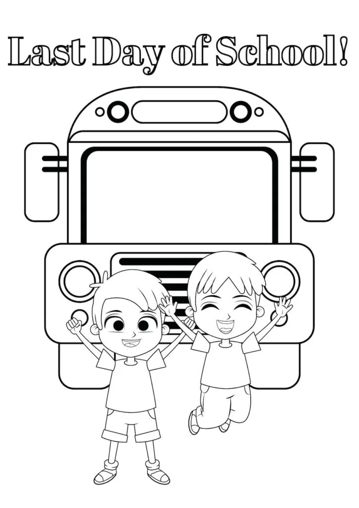 Last day of school coloring page with kids jumping for joy in front of bus.