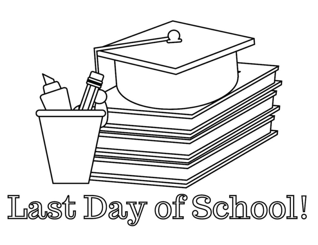 Last day of school coloring page with stack of books and diploma.