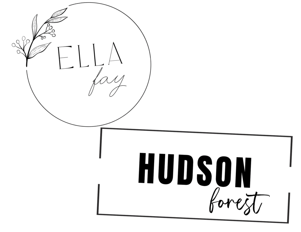 Graphic with two black and white name labels reading Ella Fay and Hudson Forest.