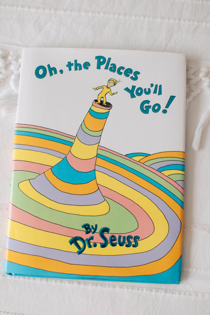 Oh The Places You'll Go on white bed duvet.