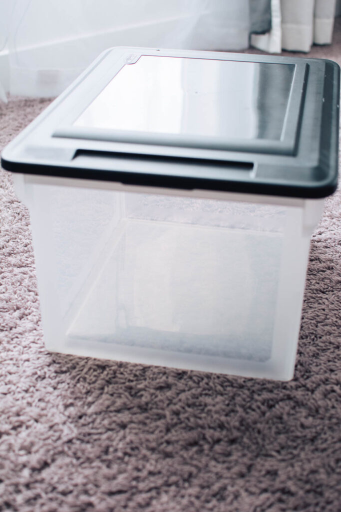 Plastic file box with black lid on grey carpet.