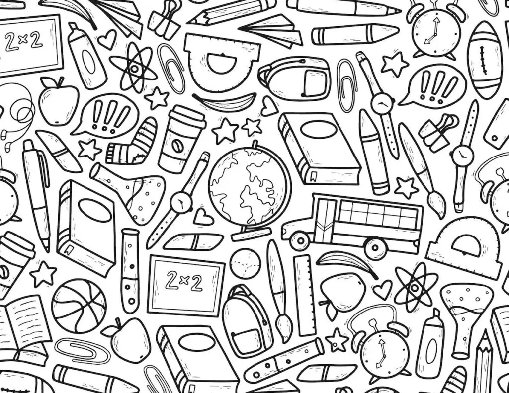 School collage coloring page with variety of school items.