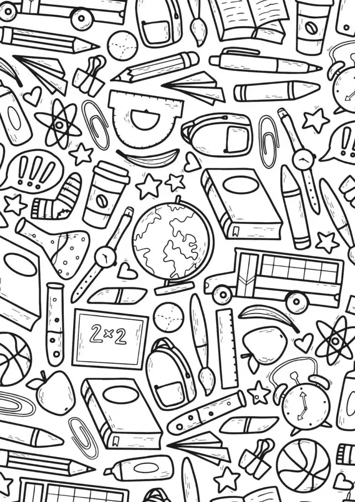 School collage coloring page with lots of school items.