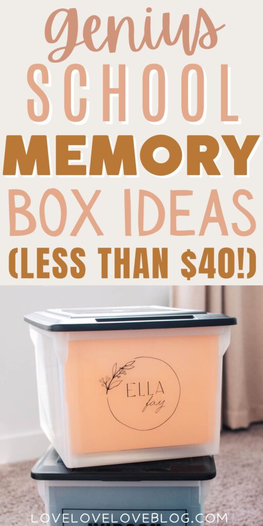 Pinterest graphic with text and photo of school memory boxes stacked on each other.