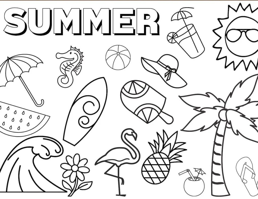 Summer coloring page with block letters and summer items.