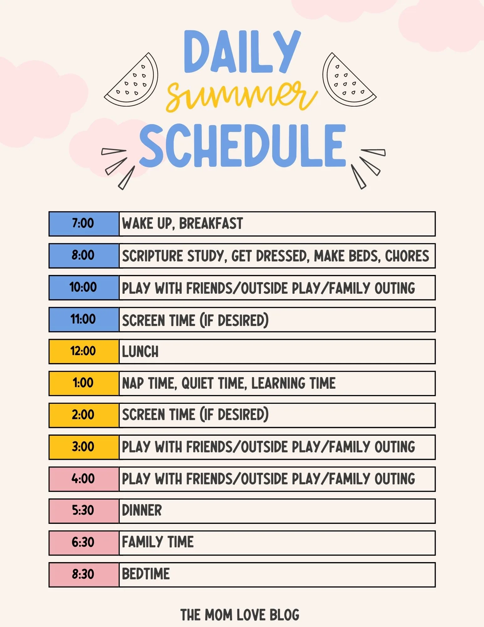 Sample daily summer schedule for kids with hourly activities. 