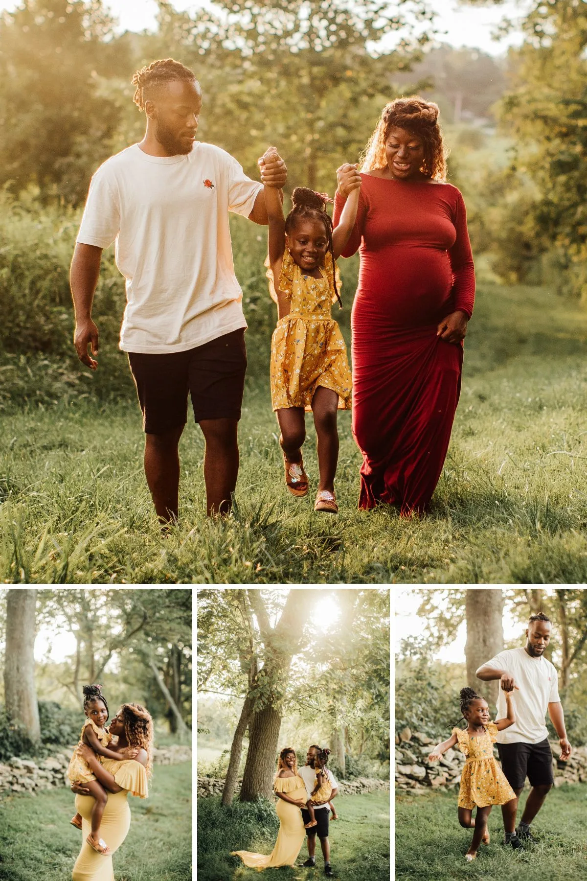 Collage of family photos with a father, mother, and daughter in an outdoor setting.