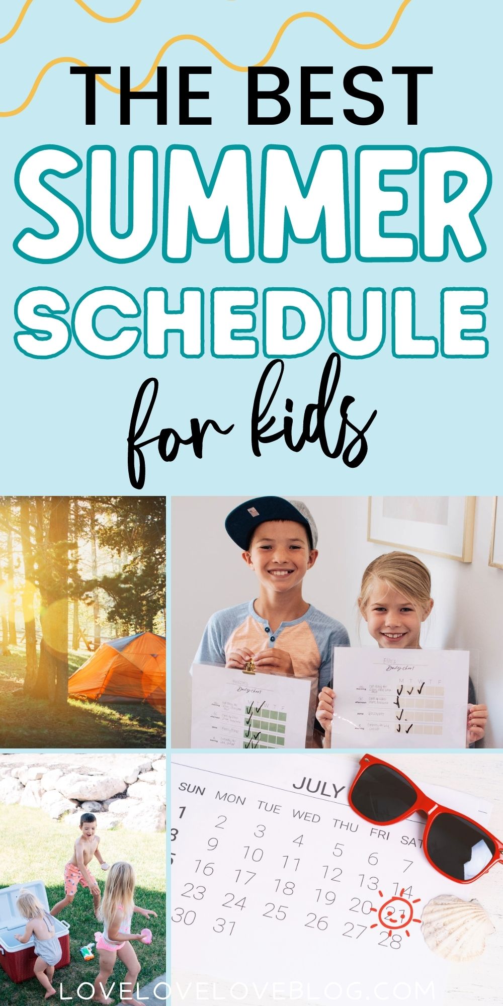 Pinterest graphic with text design and collage of photos depicting summer schedules for kids.
