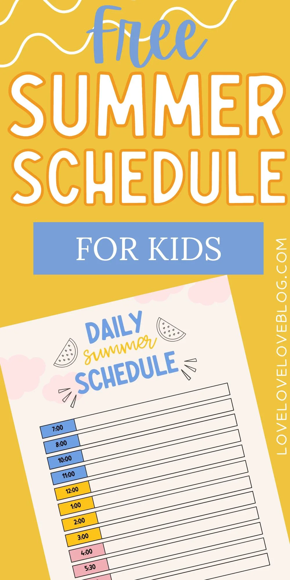 Pinterest graphic with text design and graphic of daily summer schedule for kids.