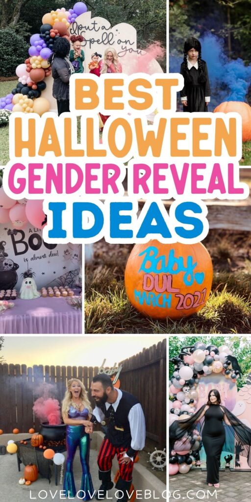 Pinterest graphic with photo collage and text that reads "best halloween gender reveal ideas."